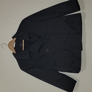 H&M Jacket Women's 16 Black Lined Woven Silky Feel Lapels Buttons Pockets Cinch